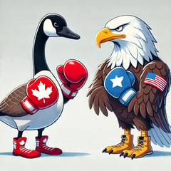 DALL·E 2025-03-05 11.33.55 - A cartoon-style illustration of a Canada goose and a bald eagle squaring up like they are about to box. Both birds are in full-body view, standing on 